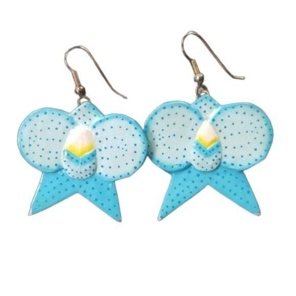 Vintage 80s Eclectic Artsy Bright Blue Wood Drop Earrings - Picture 1 of 8